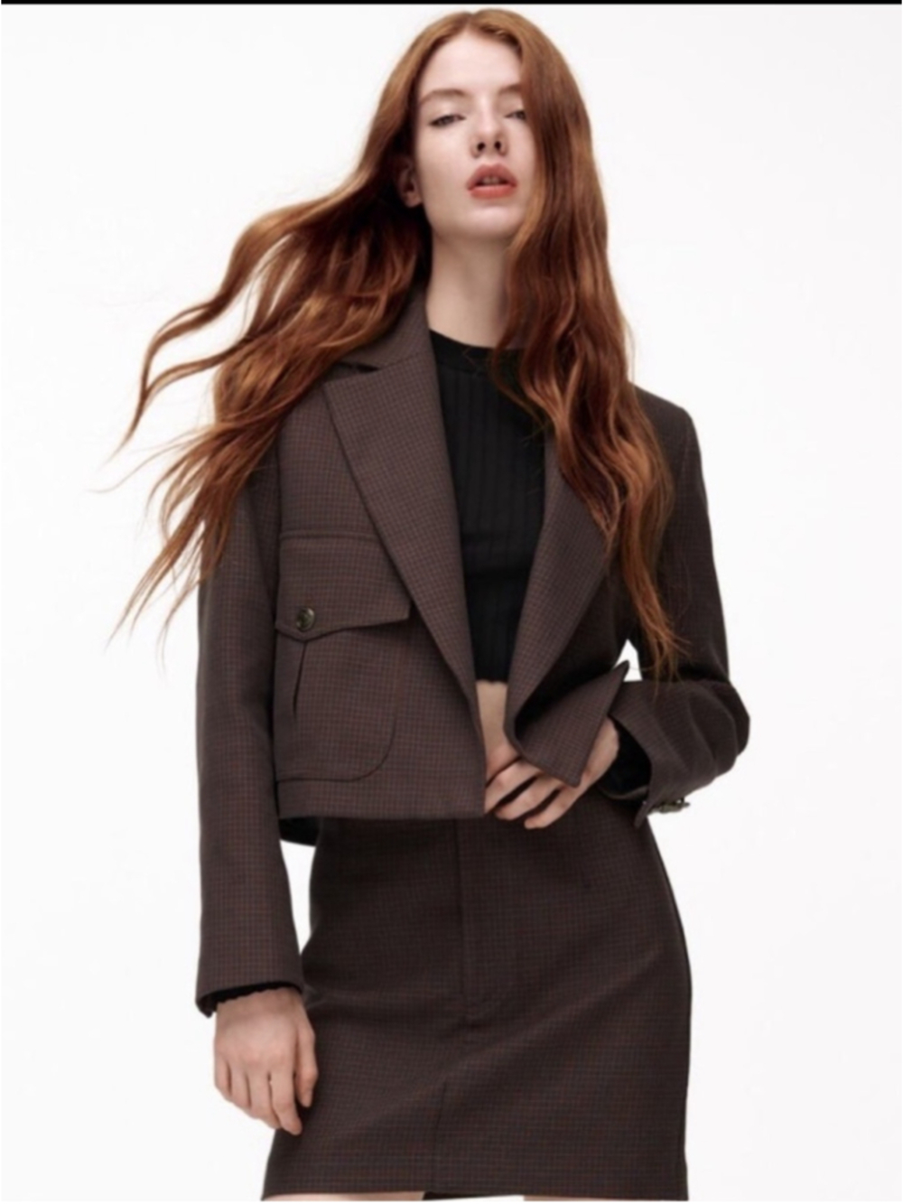 NEW Zara Brown Gingham Cropped Blazer XS Plaid Tailored Office Jacket Chic